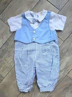 Vintage Tiny Tots Baby Boy Blue Gingham Playwear Romper with Vest & Bow 6/9m